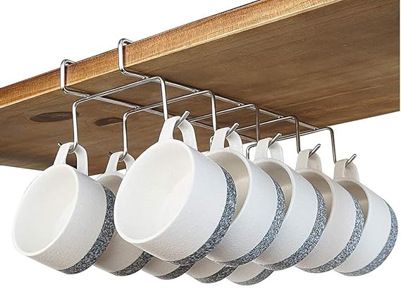 Stainless Steel Under Shelf Coffee Mug Cup Holder Rack Organizer Stand for Kitchen Counter, Cabinet, Table with 10 Hooks, Pack of 1