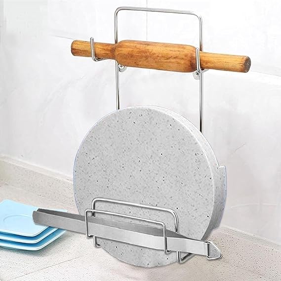 Chakla Belan Stand and Tawa Stand for Kitchen, Premium Stainless Steel Stand, Rolling Pin Board Holder, Wall Mount Stand, 4 in1 Holder