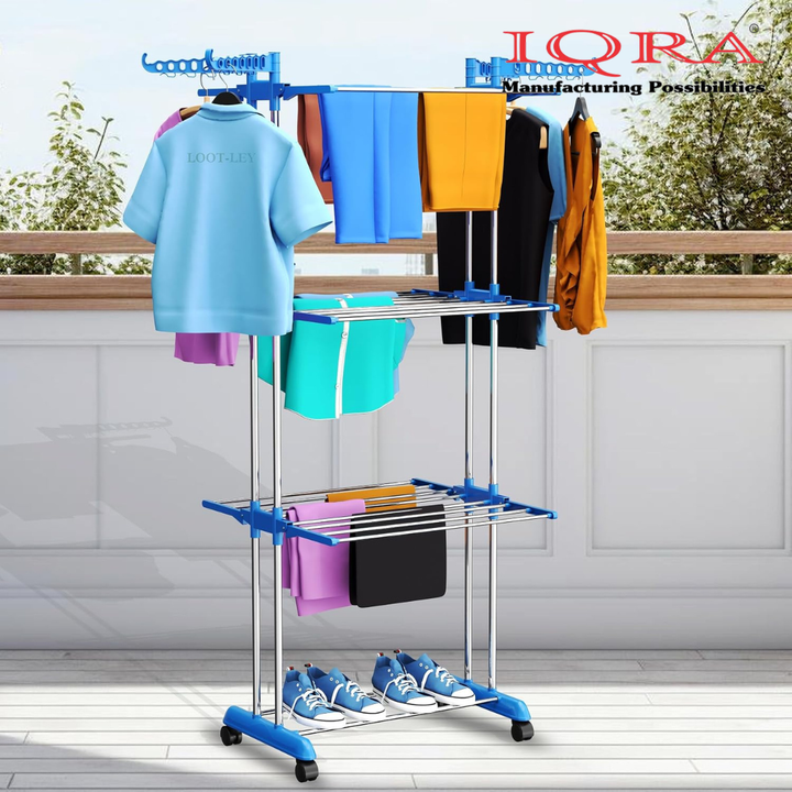 Clothes Drying Stand for Balcony/Cloth Dryer Stand/Cloth Stand for Drying Clothes Foldable/MS Pipe Clothes Hanging Stand/Portable Cloth Rack for Indoor (3 Layer