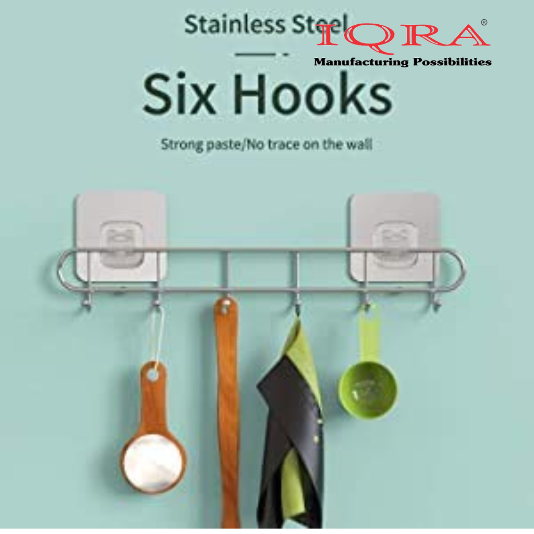 IQRA Stainless Steel Bathroom Wall Hook 6 Hooks Cloth Hanger Bathroom Wall Door Hook Magic Sticker Self Adhesive for Towel Rail Kitchen Hanger Capacity-5 Kg, Silver