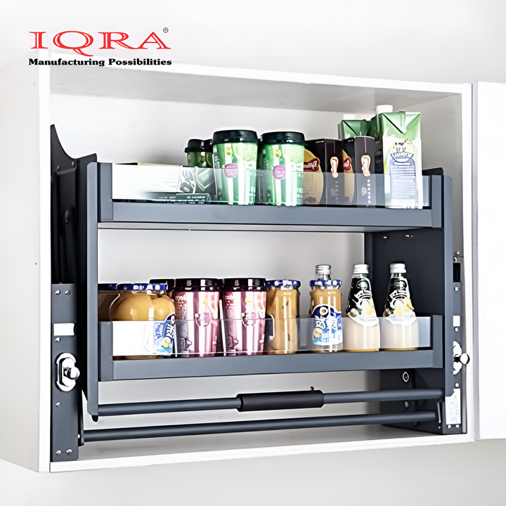 IQRA Storage Rack Lift Basket Elevator Pull Down Two Tier Shelf Unit for Cabinet (Glass , Dark Grey)