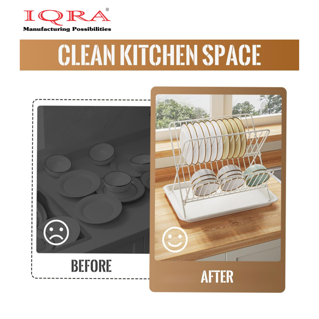 IQRA Stainless Steel 2 Tier Dish Drainer Rack, L X-Shaped Kitchen Shelf with Large Capacity for Kitchen Sink, Countertop, Cutlery, Plates(Silver)