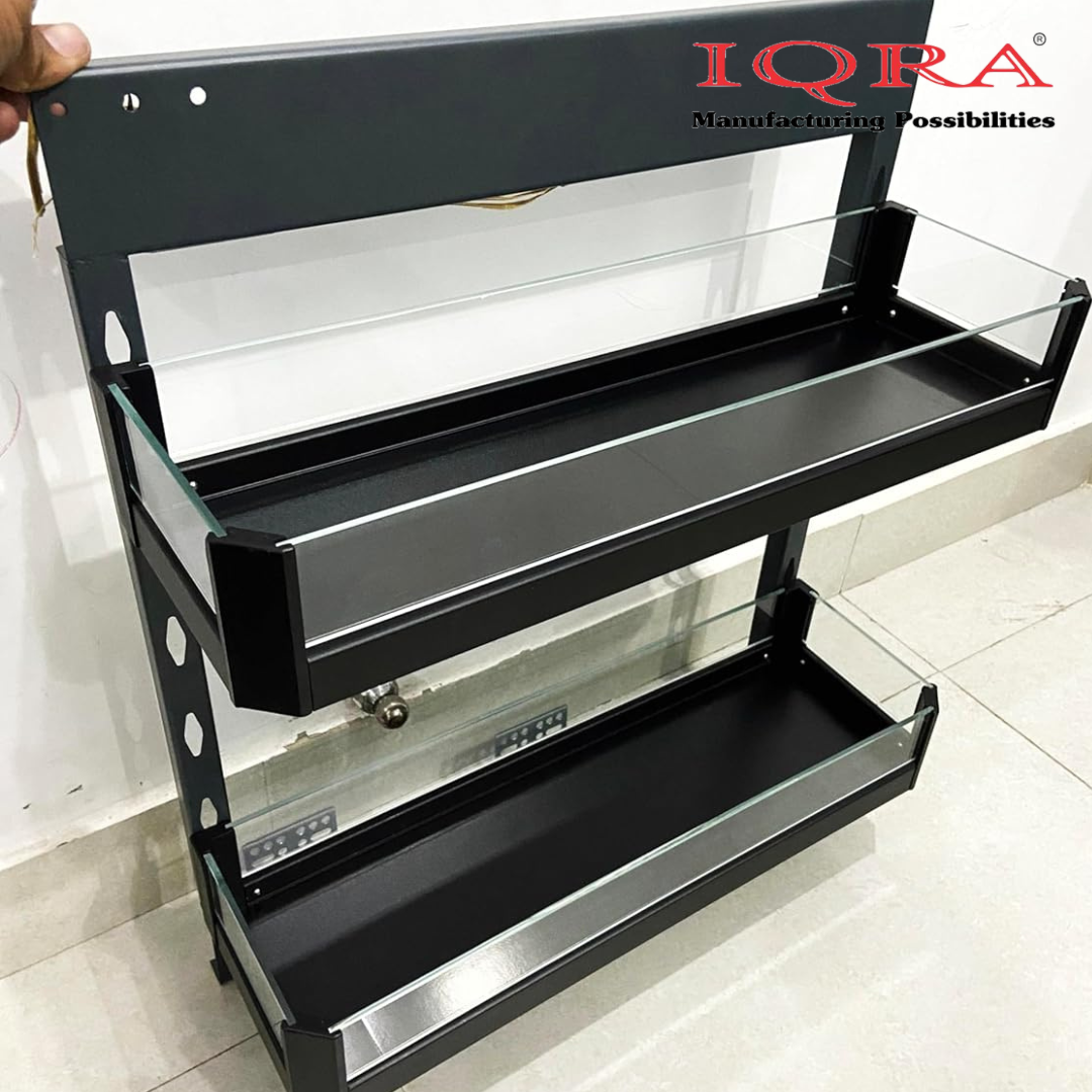 IQRA Kitchen Soft-Closing Shelf Glass Bottle Pullout Unit 2-3 Shelf, Glass-Aluminium