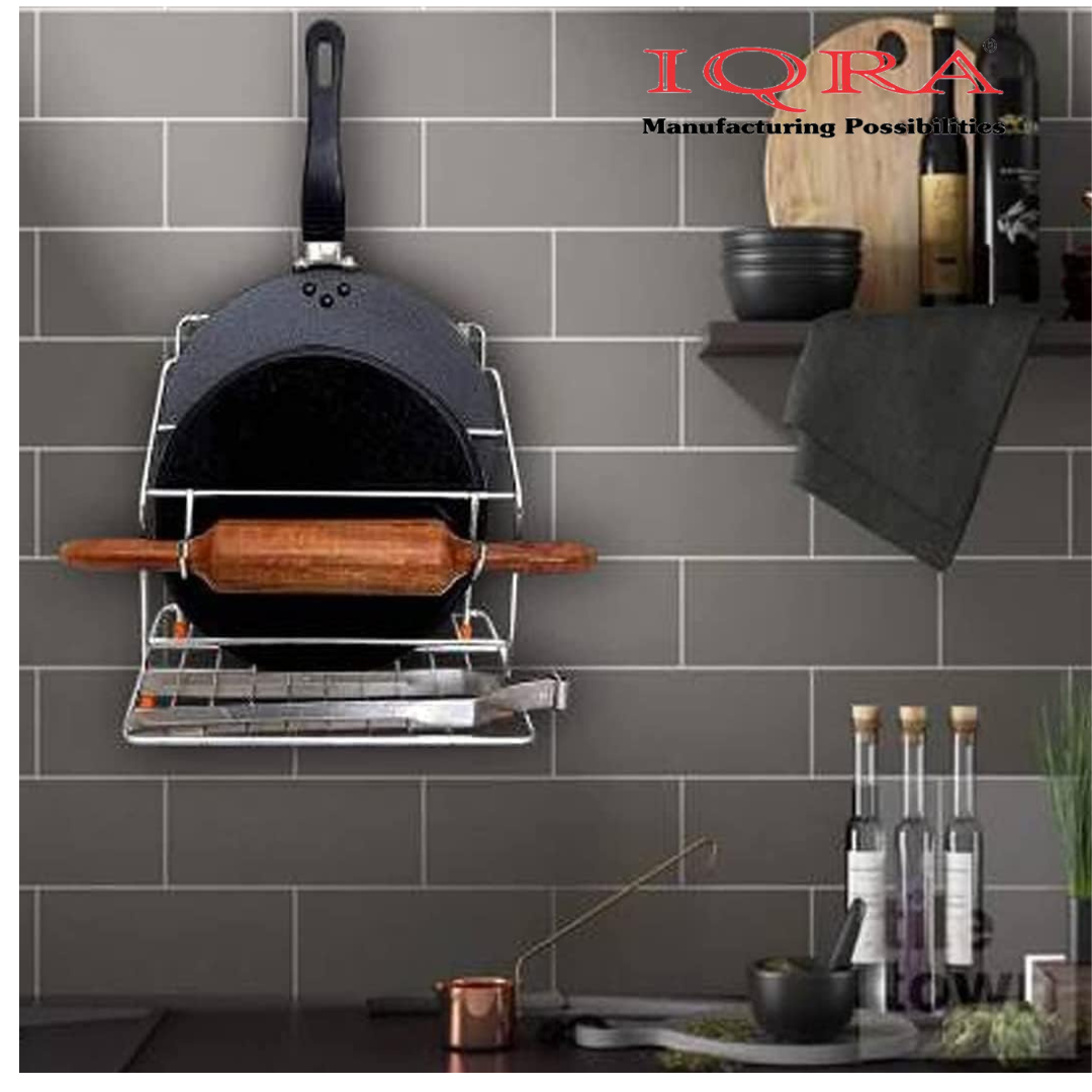 IQRA Stainless Steel Countertop-Wall Mounted Chakla Belan and Tawa Stand for kitchen, Tawa Chimta Stand 4 in 1 Chakla Belan Stand for Kitchen,