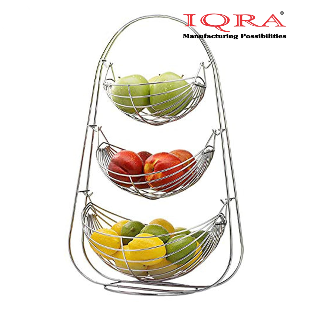 IQRA Stainless Steel 2 Tier Oval Swing Fruit and Vegetable Basket | Countertop Onion Potato Rack for Kitchen/Pantry | Fruit Basket for Dining Table | Vegetable Storage Stand | Silver