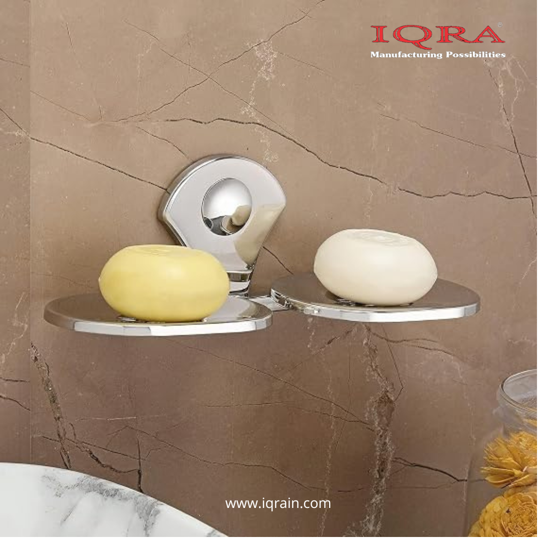 IQRA Stainless Steel Wall Mounted Soap Dish for Bathroom and Kitchen | Rustproof Chrome Finish Soap Holder Case with Drain Holes | Square Modern Soap Stand Bracket (Square