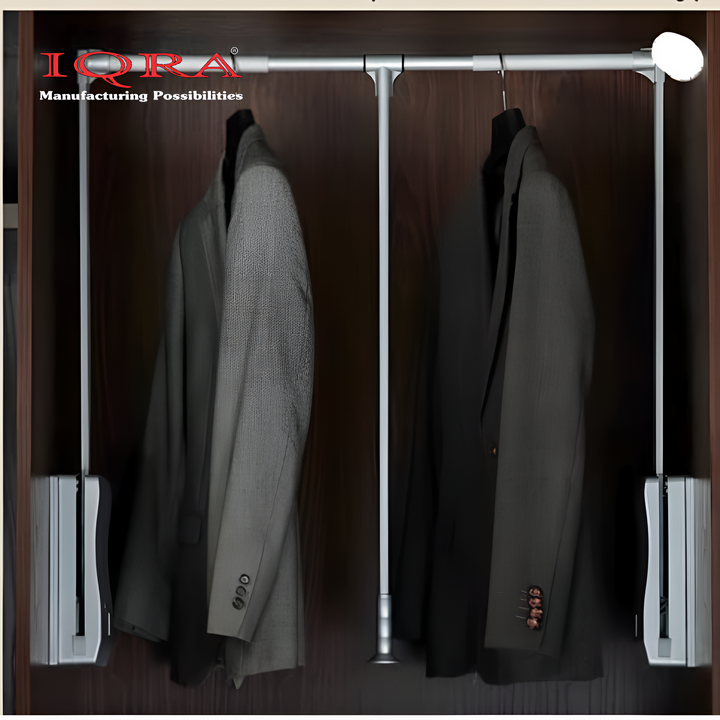 IQRA Mocha Soft Close Pull Down Closet Rods, Adjustable Wardrobe Rail Lift Collapsible Closet Rod Aluminium Retractable Wardrobe Hanger Clothing Rail Closet Lift Organizer Storage Lift for Wardrobe Bedroom