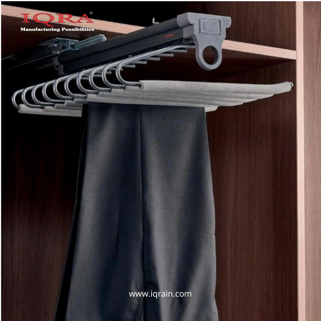 IQRA Grey 18inch Single Top Sliding Pull Out Pants Hangers Rack for Closet Wardrobe & Cabinet - Steel 10 Arm Wide Rows Trousers Pants Hanger,Space Saving Organizer, Clothe Hanger,Multipurpose Hanger(Brown-Pack of 1)