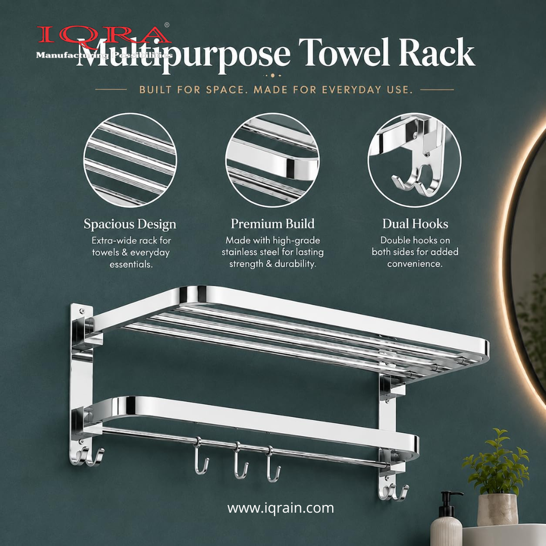 IQRA Stainless Steel Bathroom Accessories Set - Wall Mounted Towel Rod and Hangers for Clothes and Wash Basin