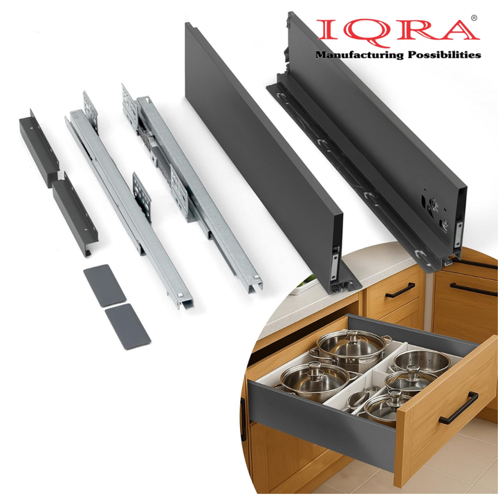 IQRA Soft Close Slim Tandem Drawer Box for Kitchen, innotech Basket for Modular Kitchen/Soft Close Drawer Metal Drawer System with Load Capacity Upto 45 Kg (Grey)