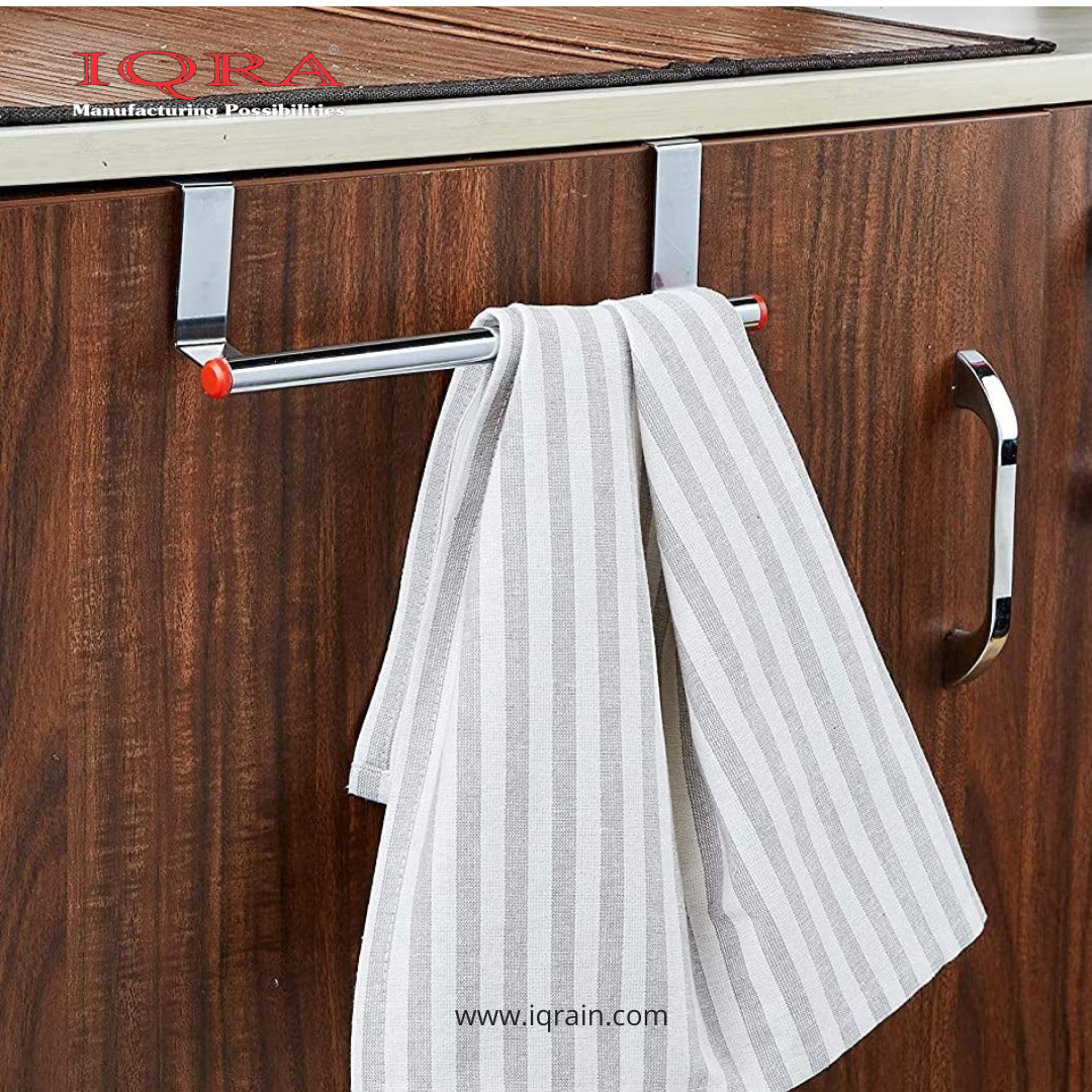 IQRA Over Cabinet Door Kitchen Towel Holder, Stainless Steel Towel Holder, Cabinet Hanger, Towel Bar (Length : 23 cm) (Silver-Red, Pack of 1)