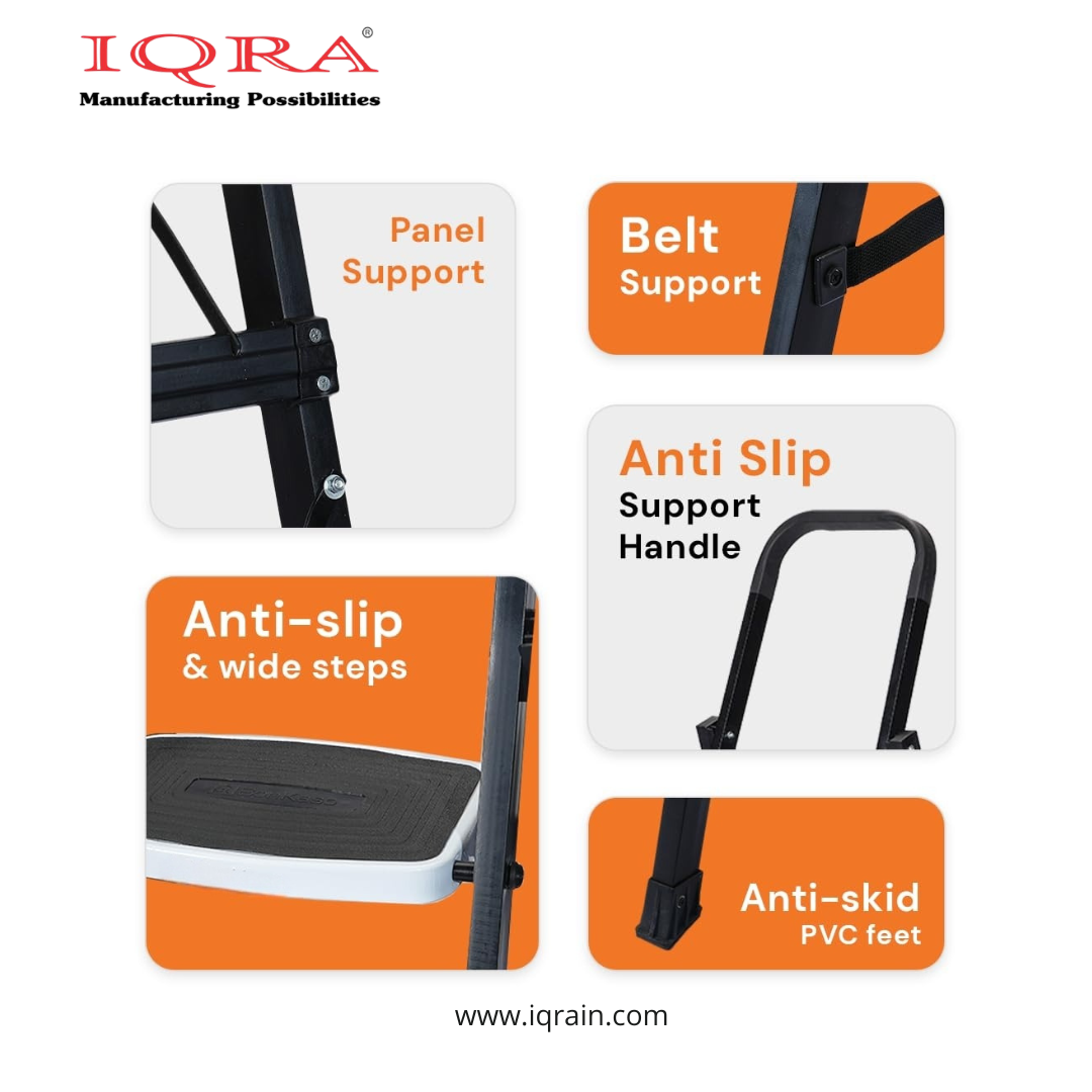 Ladder for Home-Office-Showroom Foldable Ladder with Anti-Skid Wide Steps (30L x 20W cm)/Strong D-Shape Pipe with X-Support for More Stability/5 Year Warranty(Black)