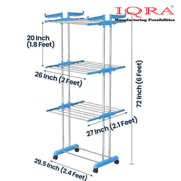 Clothes Drying Stand for Balcony/Cloth Dryer Stand/Cloth Stand for Drying Clothes Foldable/MS Pipe Clothes Hanging Stand/Portable Cloth Rack for Indoor (3 Layer