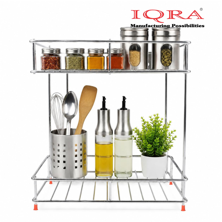 IQRA 2 Tier Stainless Steel Kitchen Organizer Rack, Wall Mounted Spice Rack & Countertop Storage Shelf for Kitchen, Bathroom & Pantry, Multipurpose Storage Stand for Jars, Oil Bottles & Utensils