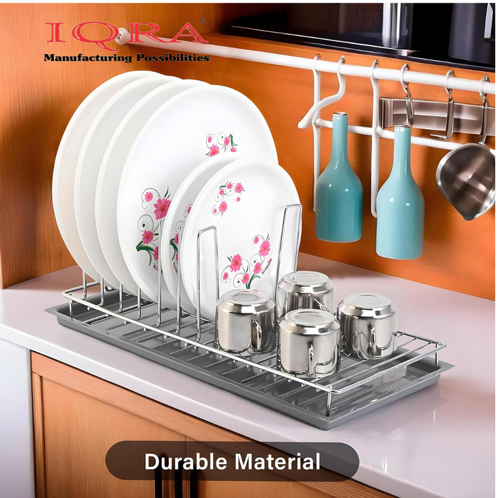 IQRA Stainless Steel Glass & Plate Stand for Kitchen | Crockery Rack Organizer With Draining Tray Included - Silver & White