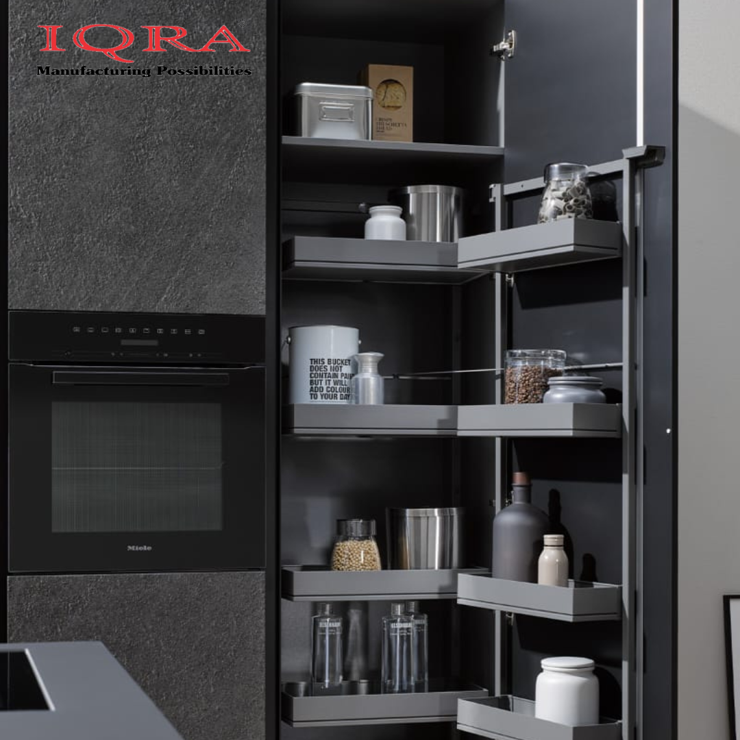 IQRA Pantry Unit Storage System (Cabinet Width 450-600mm 12 Baskets), Rectangular Wire-Glass-Aluminium