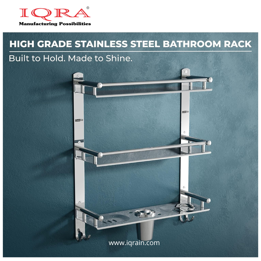 IQRA Stainless Steel 3 Layer/3 Tier Multipurpose Bathroom Shelf/Rack/Organizer/Stand/Holder with Double Soap Dish and Toothbrush Holder Tumbler Bathroom Accessories