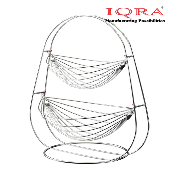 IQRA Stainless Steel 2 Tier Oval Swing Fruit and Vegetable Basket | Countertop Onion Potato Rack for Kitchen/Pantry | Fruit Basket for Dining Table | Vegetable Storage Stand | Silver