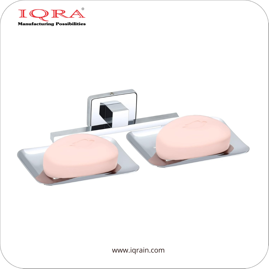 IQRA Stainless Steel Wall Mounted Soap Dish for Bathroom and Kitchen | Rustproof Chrome Finish Soap Holder Case with Drain Holes | Square Modern Soap Stand Bracket (Square