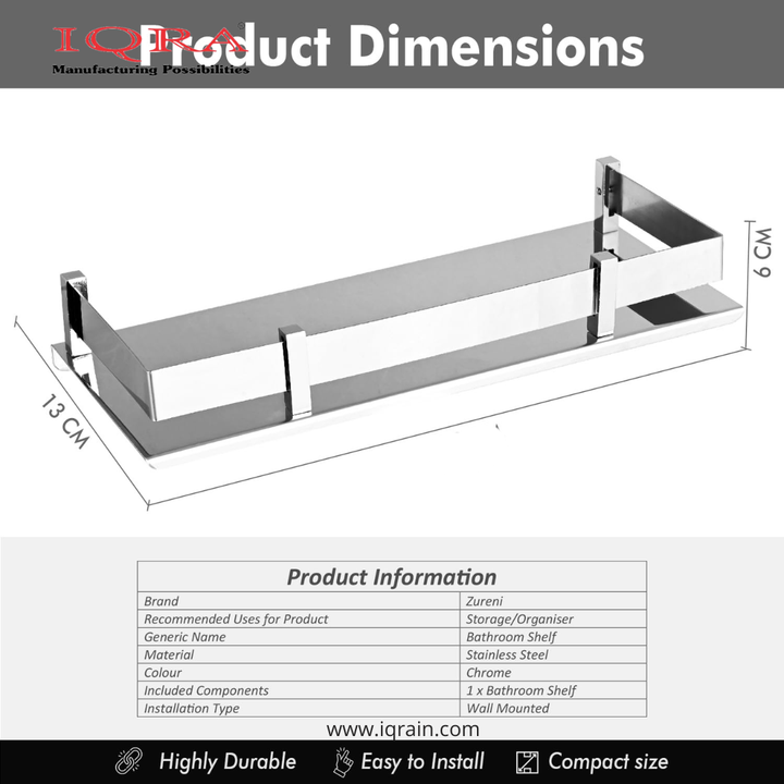 IQRA Wall Mount Shelves for Bathroom Stainless Steel Rack Multipurpose Accessories and Fittings Washroom Kitchen Wash Basin -  1 Pc, Silver)