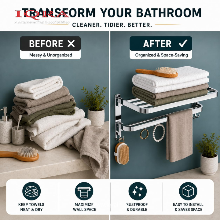 IQRA Stainless Steel Bathroom Accessories Set - Wall Mounted Towel Rod and Hangers for Clothes and Wash Basin