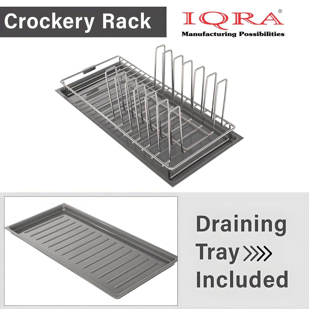 IQRA Stainless Steel Glass & Plate Stand for Kitchen | Crockery Rack Organizer With Draining Tray Included - Silver & White