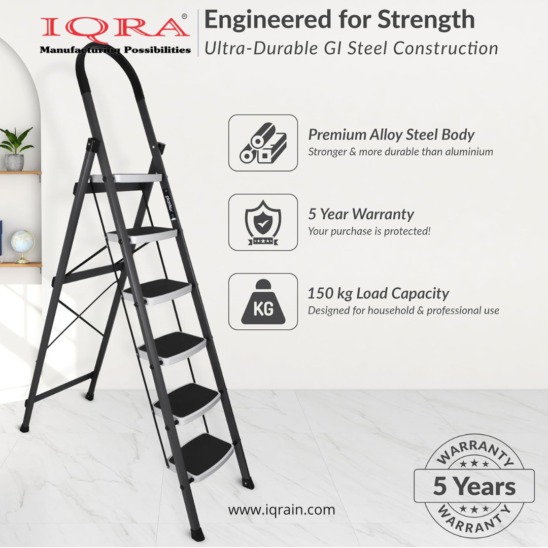 Ladder for Home-Office-Showroom Foldable Ladder with Anti-Skid Wide Steps (30L x 20W cm)/Strong D-Shape Pipe with X-Support for More Stability/5 Year Warranty(Black)