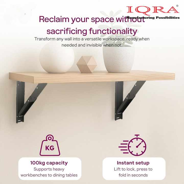 IQRA Wall Mount Folding Table/Shelf Brackets (100kg Capacity, 2 Units) ||Steel Fold-Down Bracket for Wall Mounted Tables, Desk with 1 Year Warranty