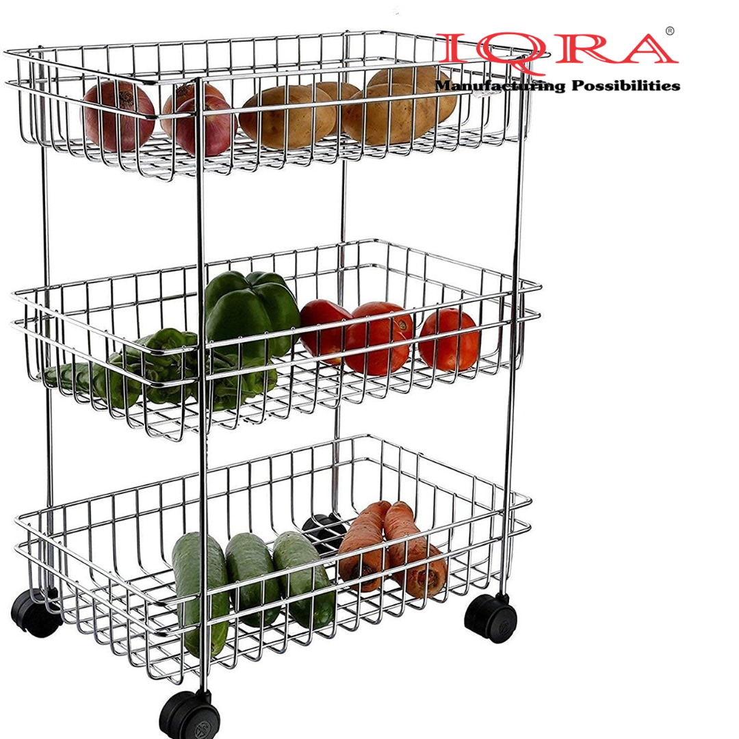 IQRA Multipurpose Stainless Steel Portable Kitchen Trolley Storage Rack with Wheels for Kitchen Storage, Vegetable
