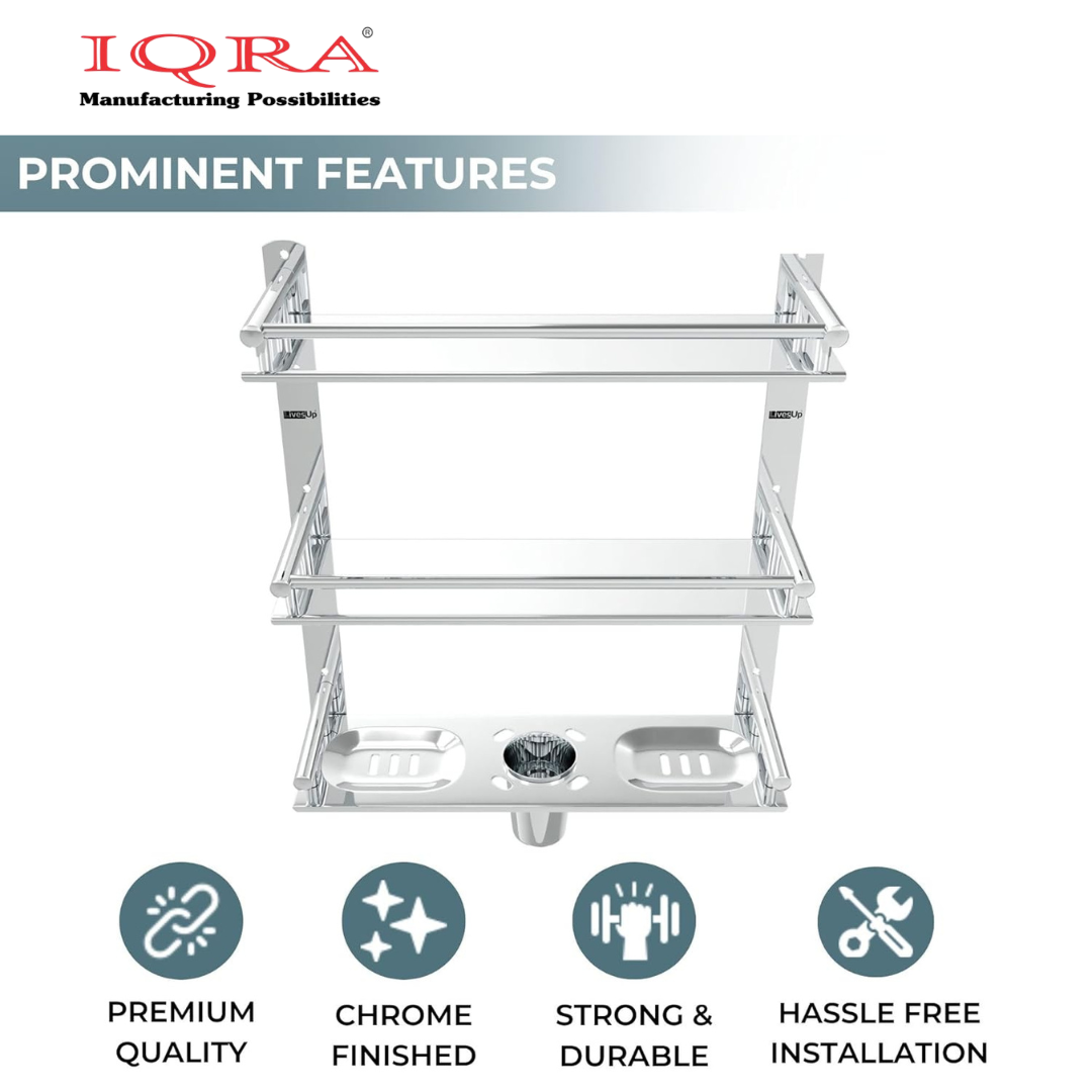 IQRA Stainless Steel 3 Layer/3 Tier Multipurpose Bathroom Shelf/Rack/Organizer/Stand/Holder with Double Soap Dish and Toothbrush Holder Tumbler Bathroom Accessories