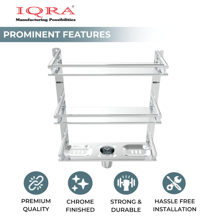 IQRA Stainless Steel 3 Layer/3 Tier Multipurpose Bathroom Shelf/Rack/Organizer/Stand/Holder with Double Soap Dish and Toothbrush Holder Tumbler Bathroom Accessories