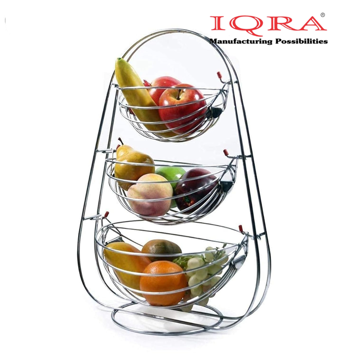 IQRA Stainless Steel 2 Tier Oval Swing Fruit and Vegetable Basket | Countertop Onion Potato Rack for Kitchen/Pantry | Fruit Basket for Dining Table | Vegetable Storage Stand | Silver