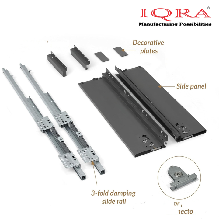 IQRA Soft Close Slim Tandem Drawer Box for Kitchen, innotech Basket for Modular Kitchen/Soft Close Drawer Metal Drawer System with Load Capacity Upto 45 Kg (Grey)