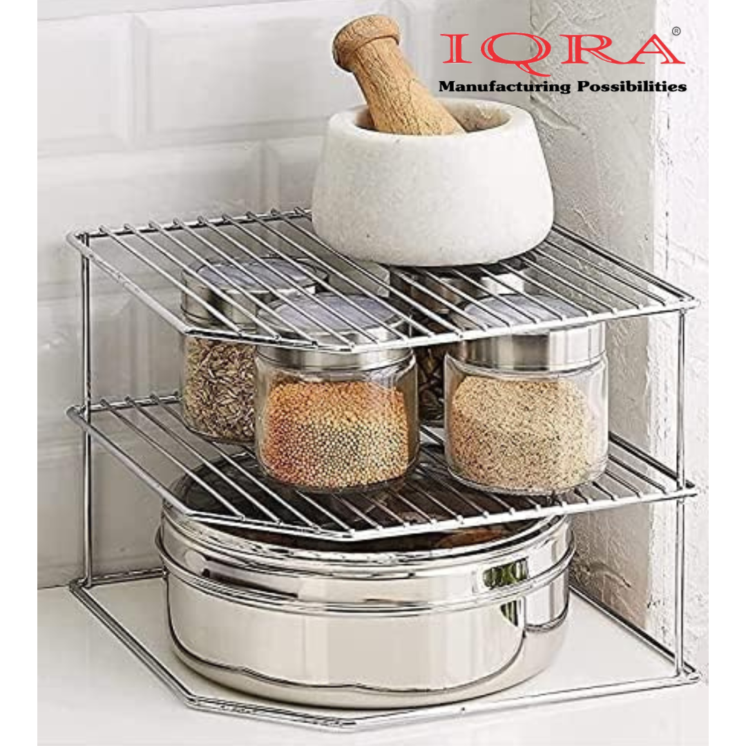 IQRA Steel 2-Tiered Shelf Kitchen Under Cabinet Corner Rack, Corner Rack For Kitchen, Self Rack, Kitchen Plate Dish Rack, Kitchen Storage Rack, Counter Top Organizer (3-Tier Kitchen Corner Rack)