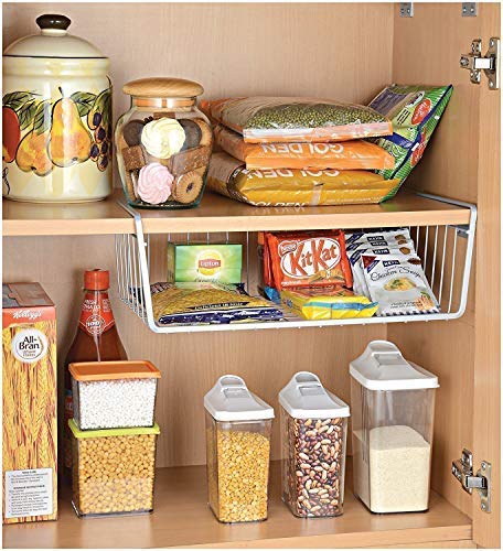 Metal Under Shelf Basket Wire Rack for Extra Cabinet Storage 15.5-inch (White 1pcs),  Hanging Shelves
