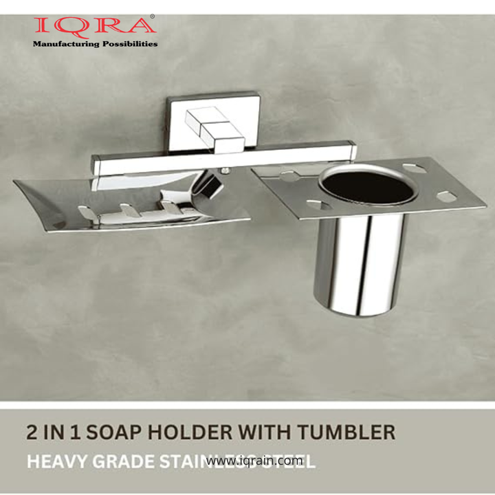 IQRA Stainless Steel 2 in 1 Soap Dish with Tumbler Holder/Square Soap Stand/Tooth Brush Holder for Bathroom or Wash Basin, Bathroom Accessories - Silver
