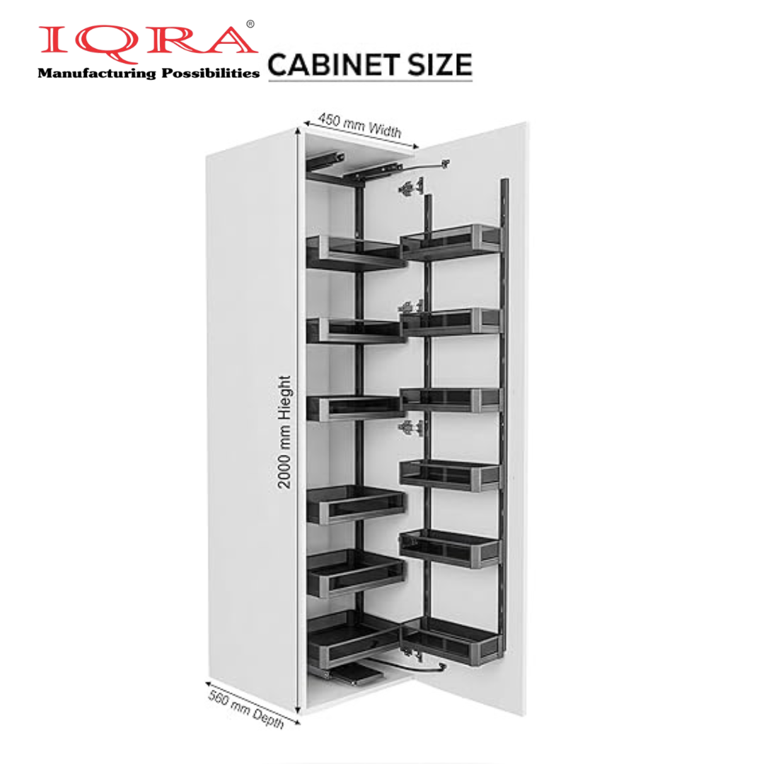 IQRA Pantry Unit Storage System (Cabinet Width 450-600mm 12 Baskets), Rectangular Wire-Glass-Aluminium