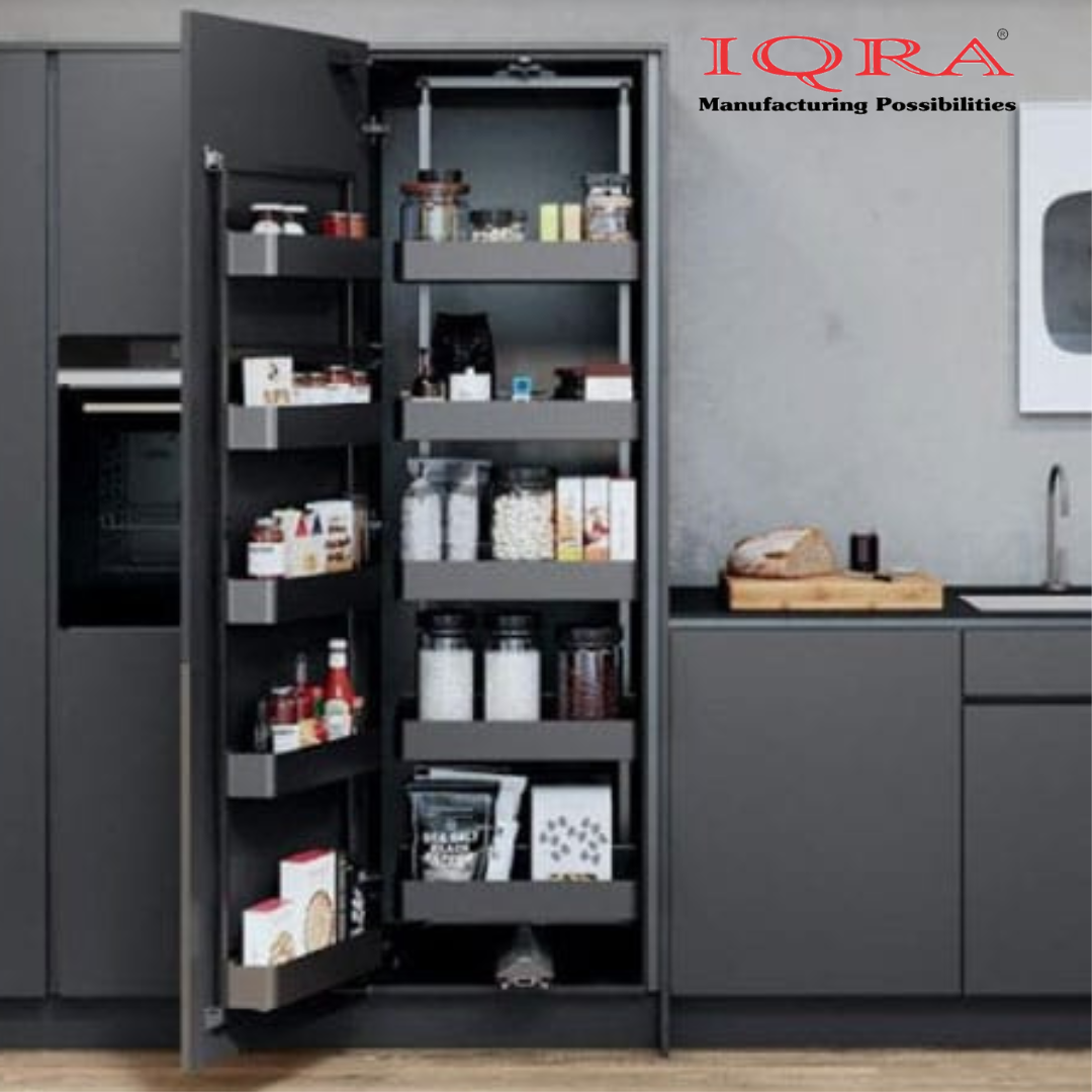 IQRA Pantry Unit Storage System (Cabinet Width 450-600mm 12 Baskets), Rectangular Wire-Glass-Aluminium