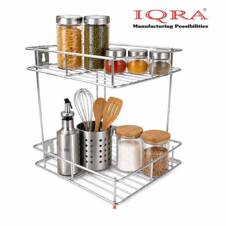 IQRA 2 Tier Stainless Steel Kitchen Organizer Rack, Wall Mounted Spice Rack & Countertop Storage Shelf for Kitchen, Bathroom & Pantry, Multipurpose Storage Stand for Jars, Oil Bottles & Utensils