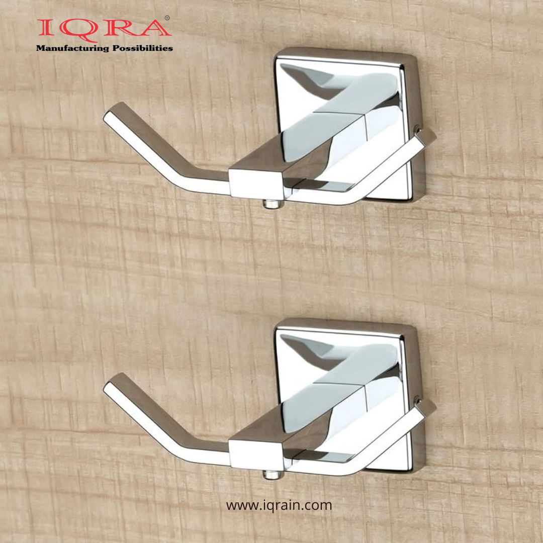 IQRA Stainless Steel (SS) Unbreakable Double Square Shaped Hook (2 pin) Bathroom Hooks Cloth Hanger Wall Hook Door Robe Hooks for Hanging Key, Clothes (Silver Square)