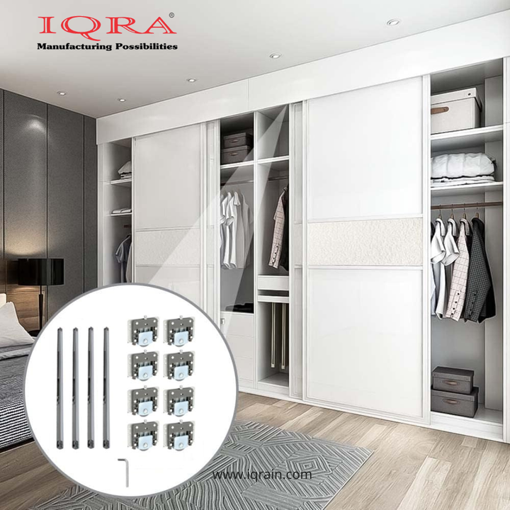 IQRA Locks Sliding Double Track Wardrobe Soft Close Sliding Roller Set| Wardrobe Sliding Door Roller| Wooden Sliding Doors Soft-Close Roller| Soft Closing Sliding Two Door Kit System (Grey)