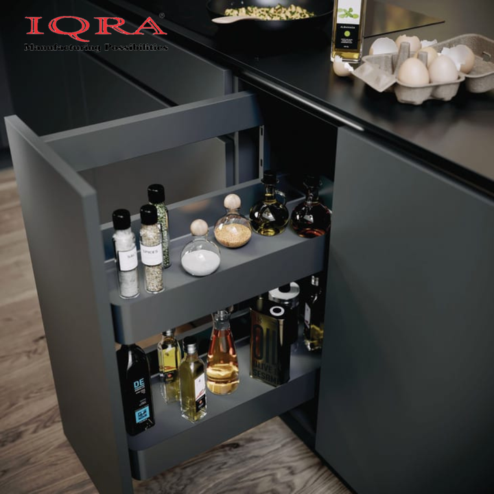 IQRA Kitchen Soft-Closing Shelf Glass Bottle Pullout Unit 2-3 Shelf, Glass-Aluminium