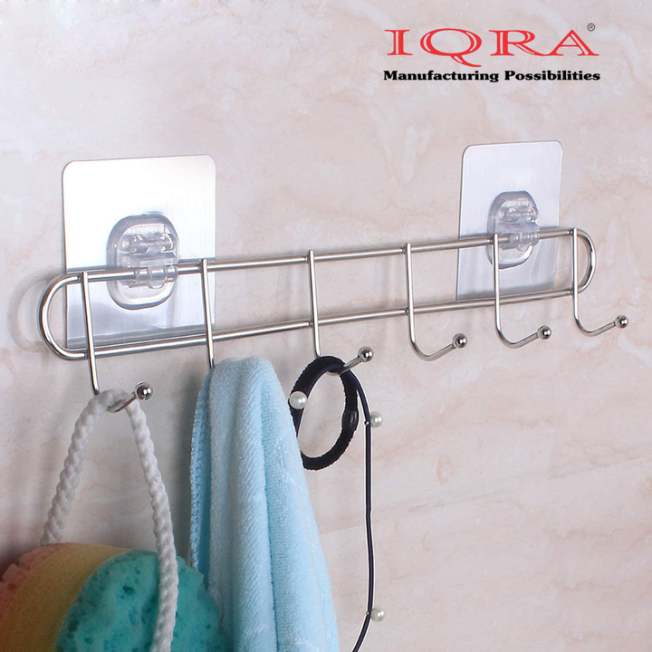 IQRA Stainless Steel Bathroom Wall Hook 6 Hooks Cloth Hanger Bathroom Wall Door Hook Magic Sticker Self Adhesive for Towel Rail Kitchen Hanger Capacity-5 Kg, Silver