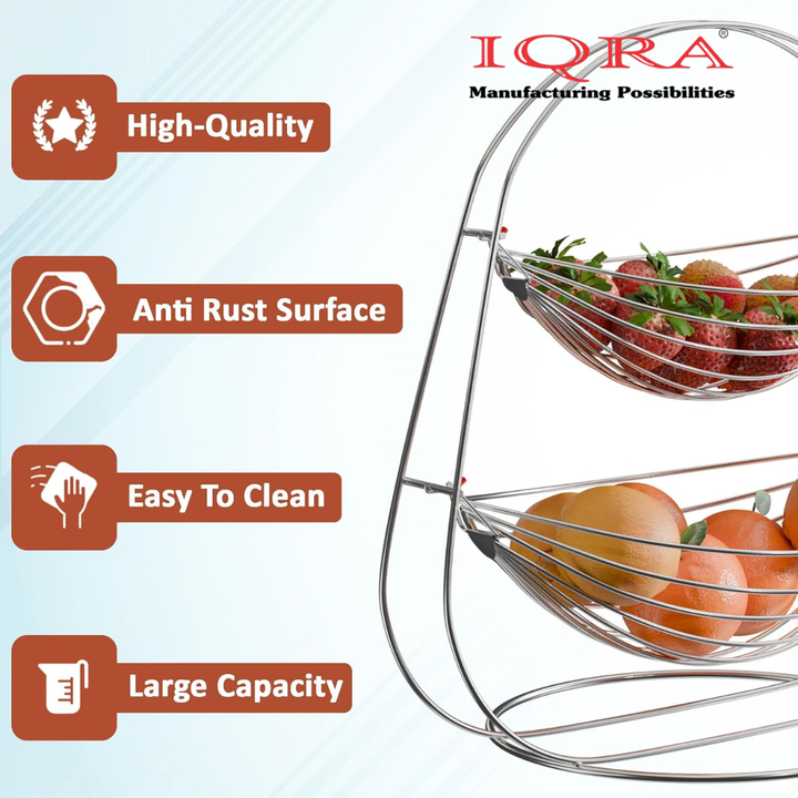 IQRA Stainless Steel 2 Tier Oval Swing Fruit and Vegetable Basket | Countertop Onion Potato Rack for Kitchen/Pantry | Fruit Basket for Dining Table | Vegetable Storage Stand | Silver