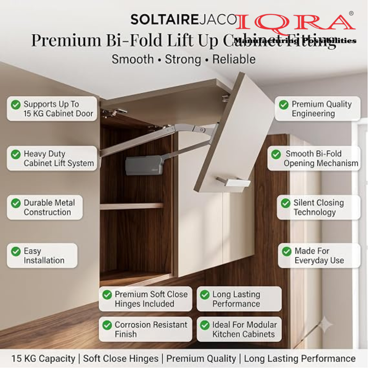 IQRA Hydraulic Bi-Fold Pneumatic Single Door Cabinet Hinge Support Lift Up, Verticle Two Door Pneumatic Mechanism Hinges..Kitchen Cabinet Single Door Bi-Fold Lifting System