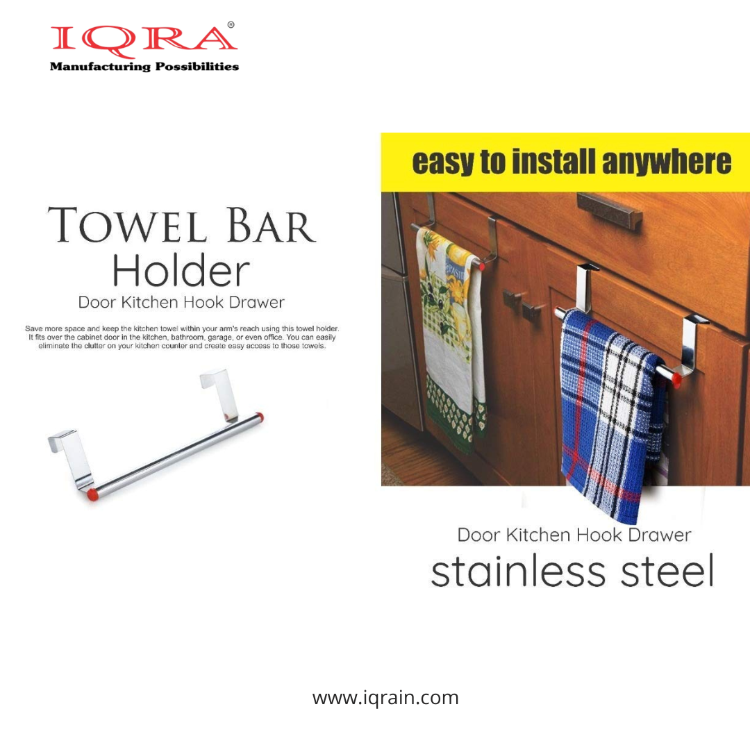 IQRA Over Cabinet Door Kitchen Towel Holder, Stainless Steel Towel Holder, Cabinet Hanger, Towel Bar (Length : 23 cm) (Silver-Red, Pack of 1)