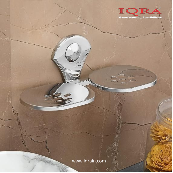 IQRA Stainless Steel Wall Mounted Soap Dish for Bathroom and Kitchen | Rustproof Chrome Finish Soap Holder Case with Drain Holes | Square Modern Soap Stand Bracket (Square
