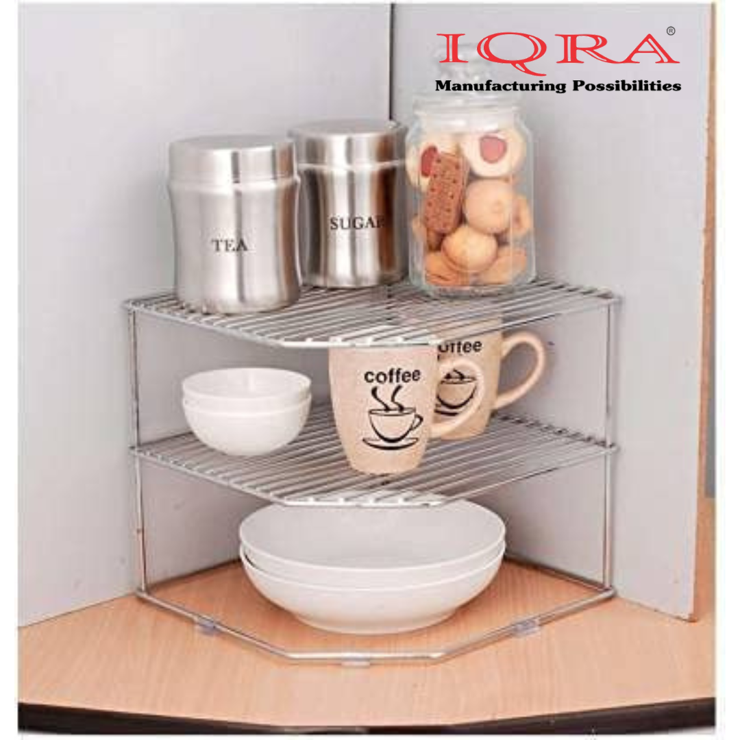 IQRA Steel 2-Tiered Shelf Kitchen Under Cabinet Corner Rack, Corner Rack For Kitchen, Self Rack, Kitchen Plate Dish Rack, Kitchen Storage Rack, Counter Top Organizer (3-Tier Kitchen Corner Rack)