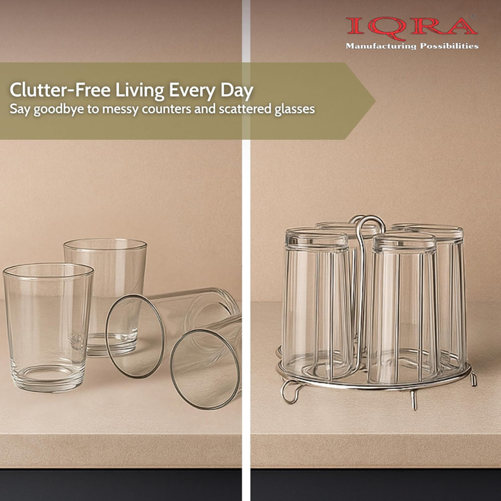 IQRA Stainless Steel Glass Holder for 6 Glasses, Glass Stand Steel for Dining Table/Kitchen, Tumbler Holder, Pull-Out Countertop Shelves Heavy Duty - SILVER