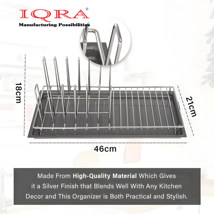 IQRA Stainless Steel Glass & Plate Stand for Kitchen | Crockery Rack Organizer With Draining Tray Included - Silver & White